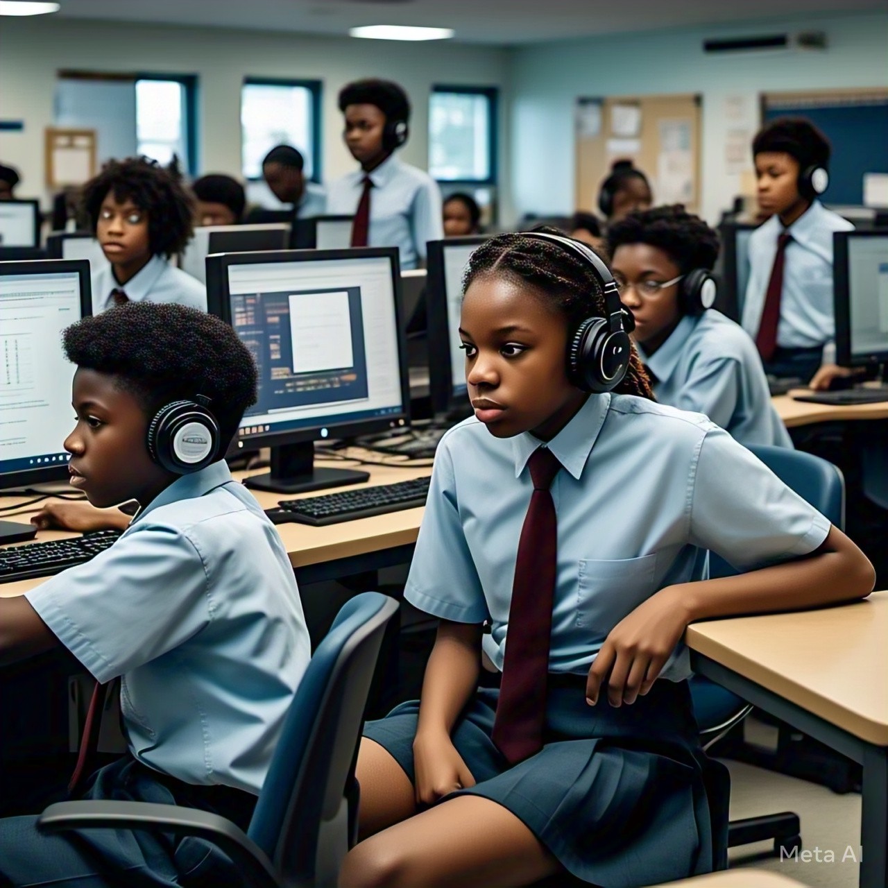 A picture of boys and girls at the secondary level involved in online activities, some using headphones, wearing light b